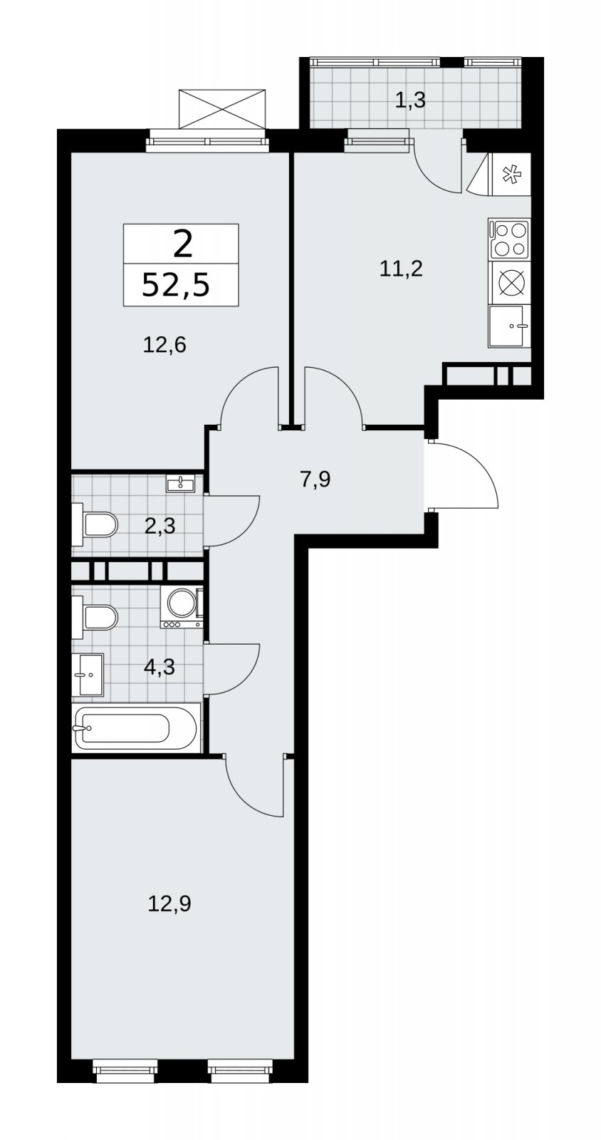2-комнатная квартира без отделки, 52.5 м2, 10 этаж, сдача 4 квартал 2025 г., ЖК Прокшино, корпус 11.1.4 - объявление 2257549 - фото №1