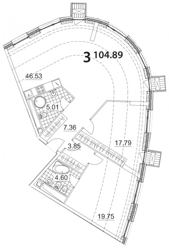 3-комнатная квартира без отделки, 104.89 м2, 11 этаж, дом сдан, ЖК Апарт-комплекс Nakhimov, корпус 3 - объявление 1330699 - фото №1