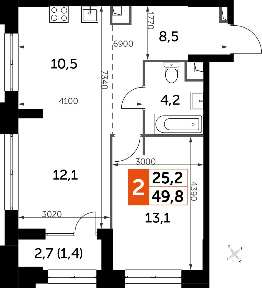 2-комнатная квартира с частичной отделкой, 49.8 м2, 10 этаж, дом сдан, ЖК Sydney City, корпус 1 - объявление 2232964 - фото №1