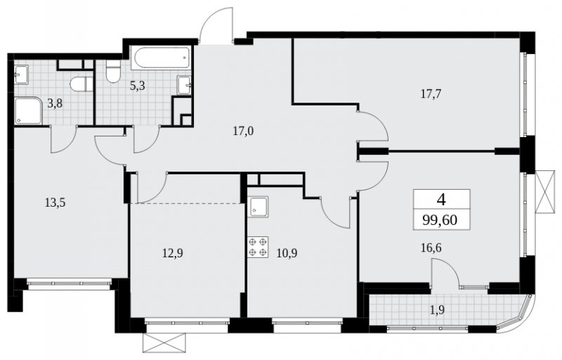 4-комнатная квартира с частичной отделкой, 99.6 м2, 16 этаж, сдача 4 квартал 2024 г., ЖК Скандинавия, корпус 36.3.1 - объявление 1894648 - фото №1