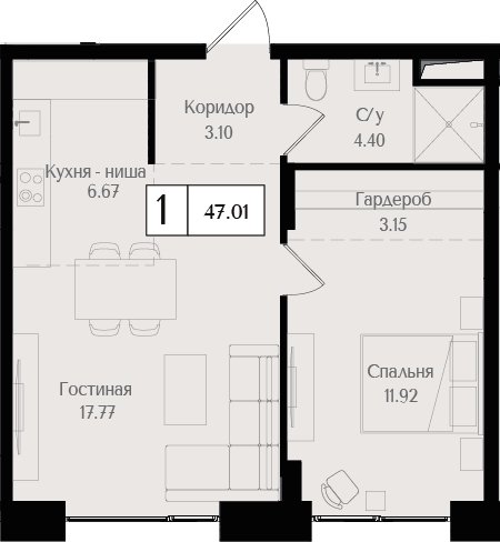 1-комнатная квартира без отделки, 44.9 м2, 2 этаж, сдача 3 квартал 2024 г., ЖК Преображенская площадь, корпус 2 - объявление 2266224 - фото №1