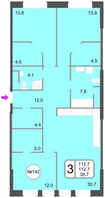 3-комнатная квартира без отделки, 112.7 м2, 7 этаж, дом сдан, ЖК Хорошевский, корпус 1 - объявление 1107003 - фото №1