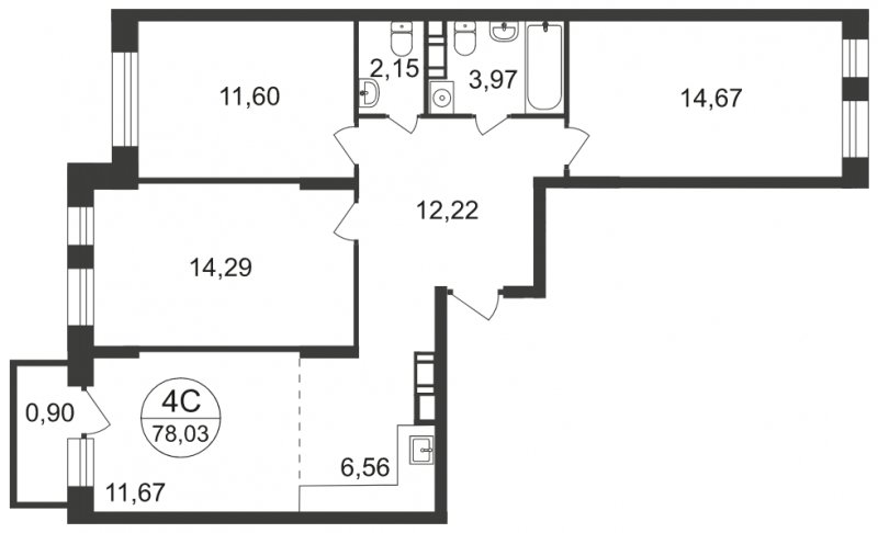 4-комнатная квартира с полной отделкой, 78.03 м2, 15 этаж, сдача 3 квартал 2023 г., ЖК Люберцы, корпус 66 - объявление 1785401 - фото №1