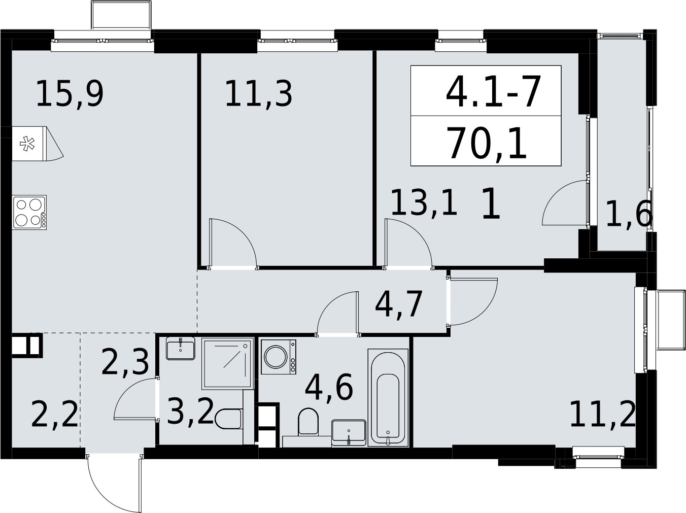 3-комнатная квартира с полной отделкой, 70.1 м2, 3 этаж, сдача 2 квартал 2027 г., ЖК Южные сады, корпус 4.1.1 - объявление 2392548 - фото №1