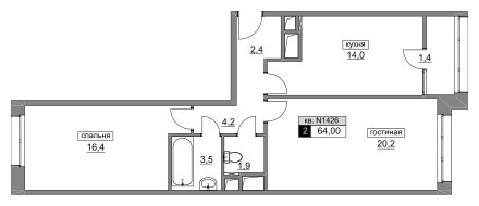 2-комнатная квартира без отделки, 64 м2, 16 этаж, сдача 4 квартал 2022 г., ЖК Румянцево-Парк, корпус 3 - объявление 1187444 - фото №1