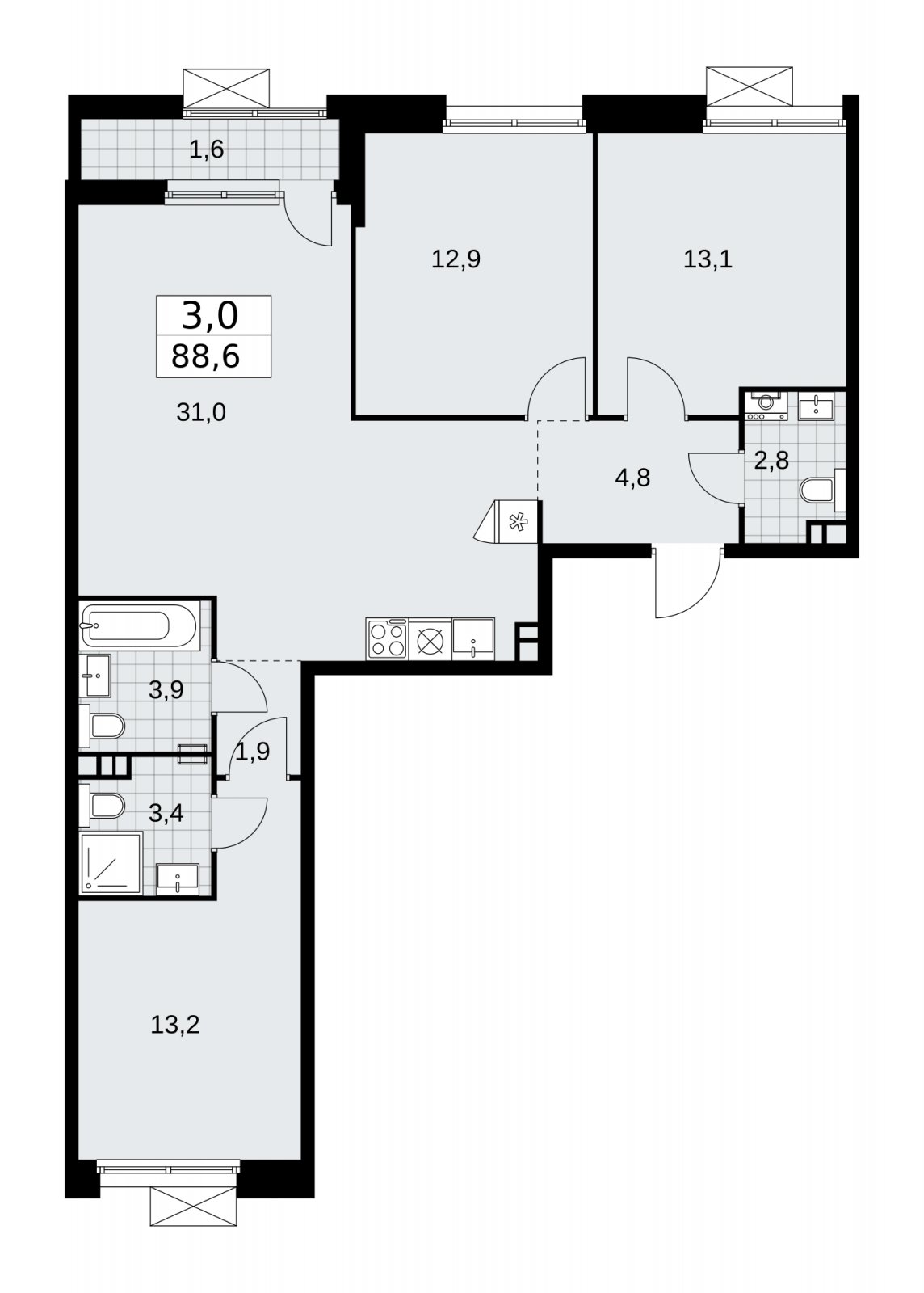 3-комнатная квартира с частичной отделкой, 88.6 м2, 3 этаж, сдача 1 квартал 2026 г., ЖК Бунинские кварталы, корпус 6.3 - объявление 2252646 - фото №1