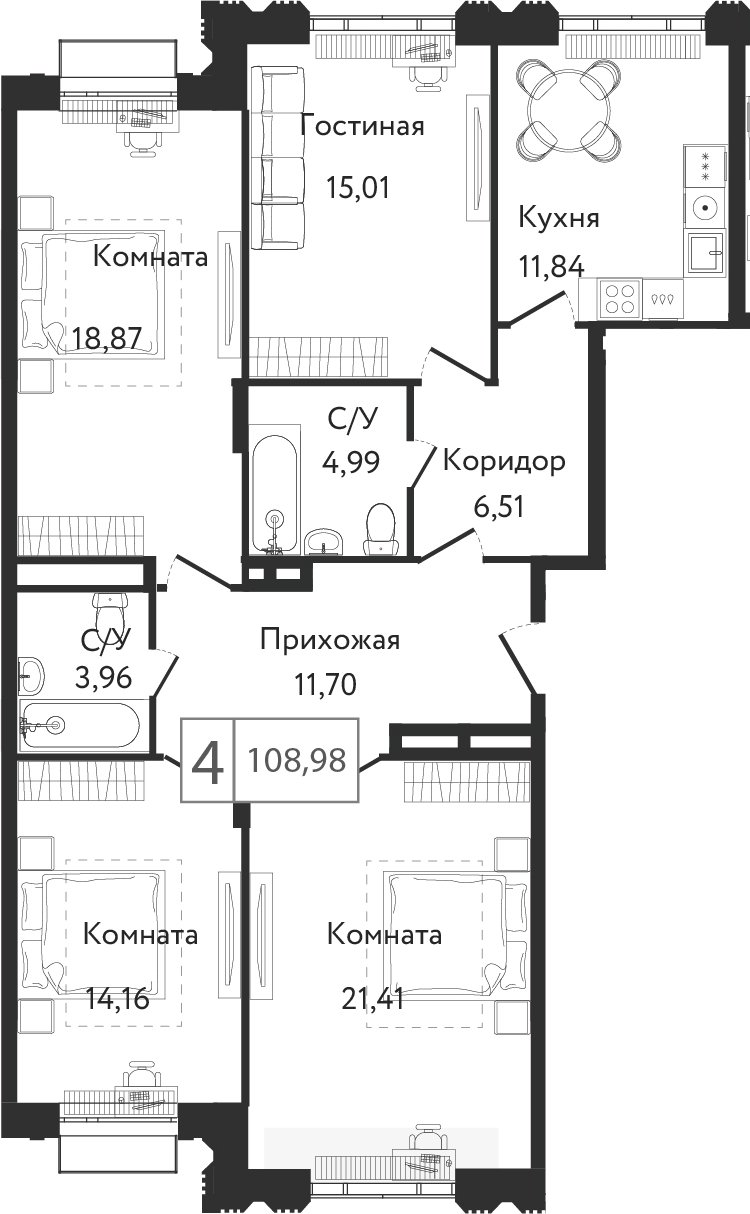 4-комнатная квартира без отделки, 108.45 м2, 6 этаж, сдача 3 квартал 2023 г., ЖК Dream Towers, корпус 3 - объявление 2261250 - фото №1