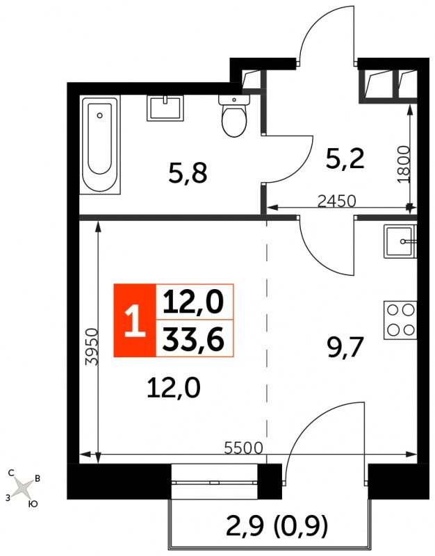 Студия с частичной отделкой, 33.6 м2, 2 этаж, сдача 3 квартал 2024 г., ЖК Sydney City, корпус 2.1 - объявление 1608154 - фото №1