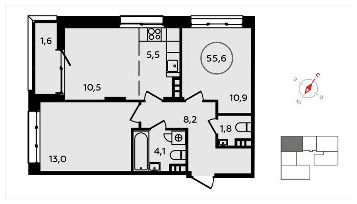 3-комнатная квартира (евро) без отделки, 55.6 м2, 4 этаж, сдача 3 квартал 2024 г., ЖК Скандинавия, корпус 22.2 - объявление 1625357 - фото №1