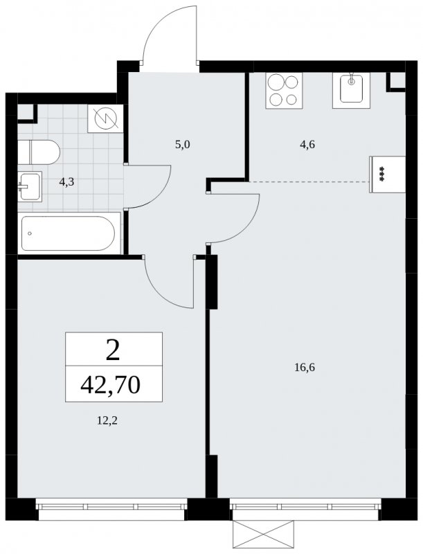 2-комнатная квартира (евро) с частичной отделкой, 42.7 м2, 2 этаж, сдача 3 квартал 2025 г., ЖК Дзен-кварталы, корпус 2.2 - объявление 1932342 - фото №1