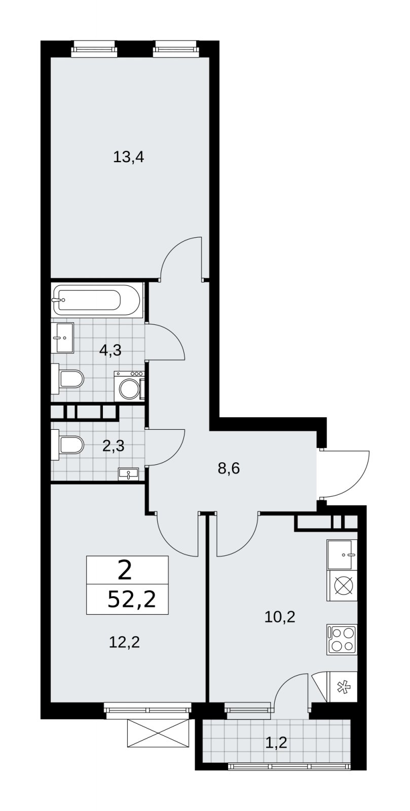 2-комнатная квартира с частичной отделкой, 52.2 м2, 10 этаж, сдача 1 квартал 2026 г., ЖК Прокшино, корпус 11.1.1 - объявление 2257151 - фото №1