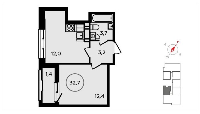 1-комнатная квартира с частичной отделкой, 32.7 м2, 8 этаж, сдача 3 квартал 2024 г., ЖК Скандинавия, корпус 2.22.3 - объявление 1625591 - фото №1