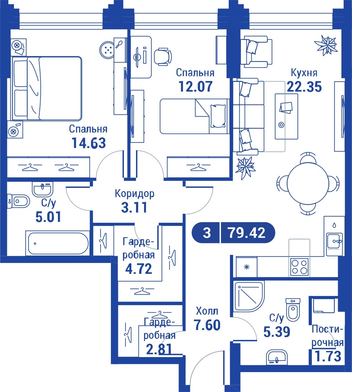 2-комнатная квартира без отделки, 78.9 м2, 5 этаж, дом сдан, ЖК iLove, корпус 3 - объявление 2047270 - фото №1