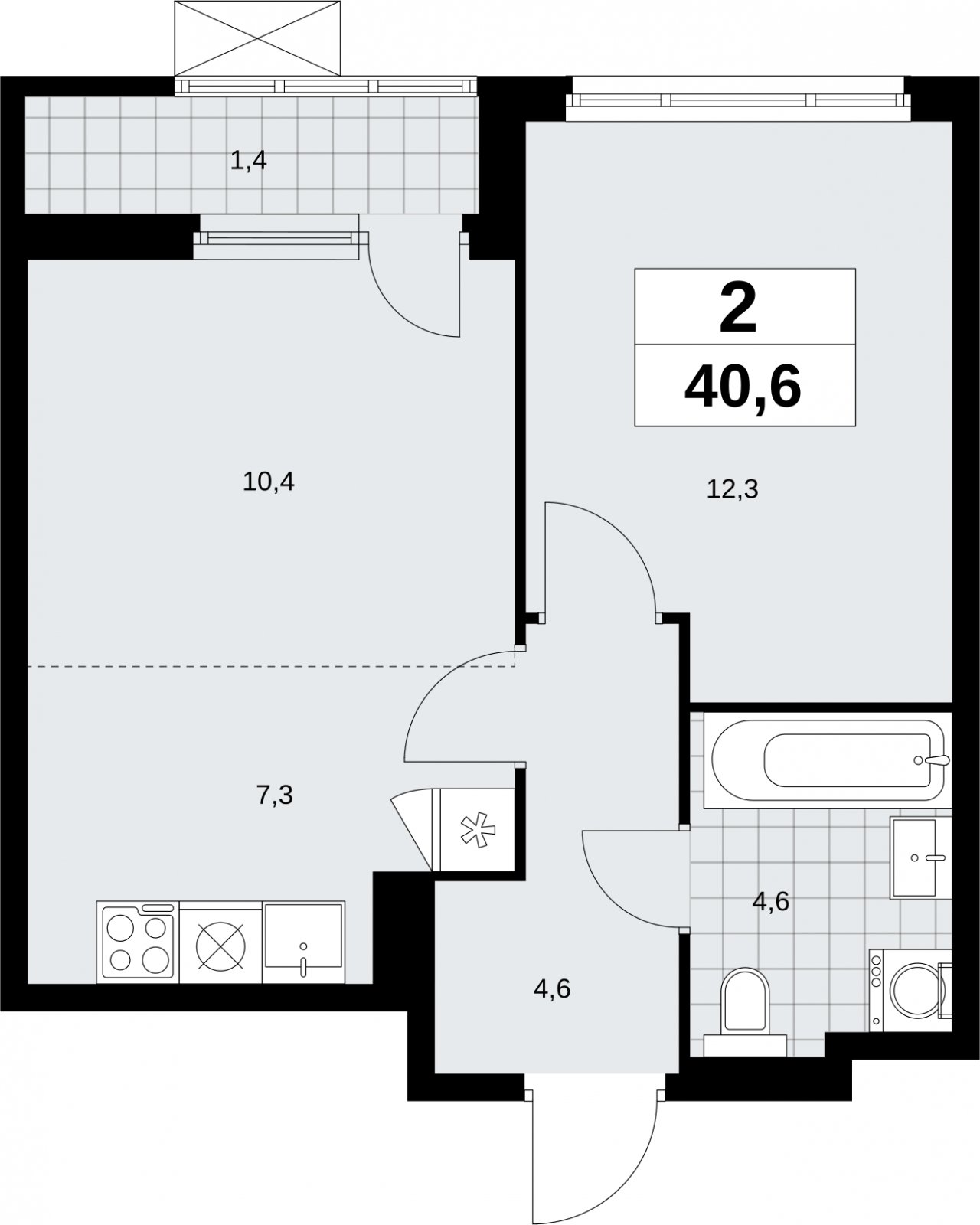 2-комнатная квартира (евро) с полной отделкой, 40.6 м2, 7 этаж, сдача 3 квартал 2026 г., ЖК Дзен-кварталы, корпус 6.1.3 - объявление 2328122 - фото №1