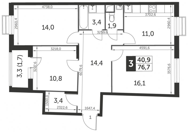 3-комнатная квартира без отделки, 76.7 м2, 3 этаж, сдача 3 квартал 2023 г., ЖК UP-квартал Римский, корпус 7 - объявление 1329256 - фото №1