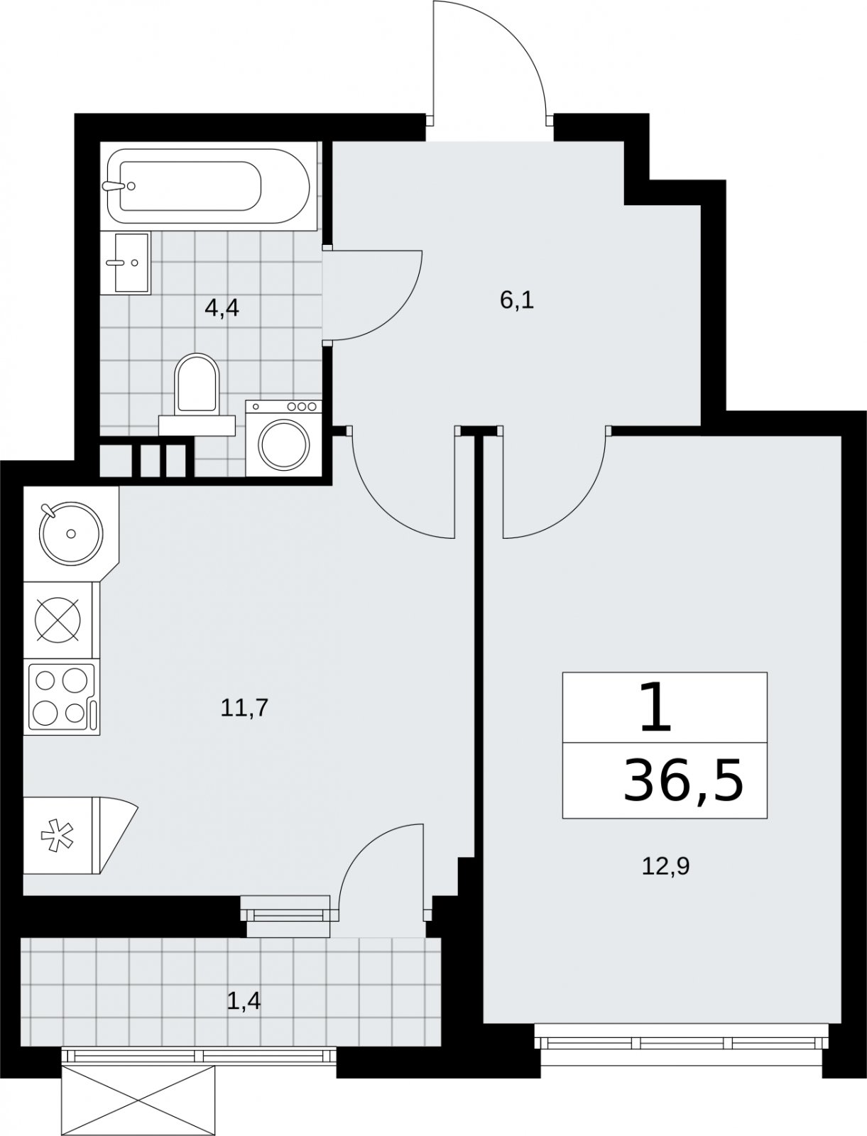 1-комнатная квартира с частичной отделкой, 36.5 м2, 3 этаж, сдача 2 квартал 2026 г., ЖК Бунинские кварталы, корпус 5.1 - объявление 2297247 - фото №1