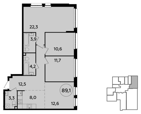 4-комнатная квартира (евро) с частичной отделкой, 89.1 м2, 2 этаж, сдача 2 квартал 2024 г., ЖК Южные сады, корпус 1.5 - объявление 1752987 - фото №1