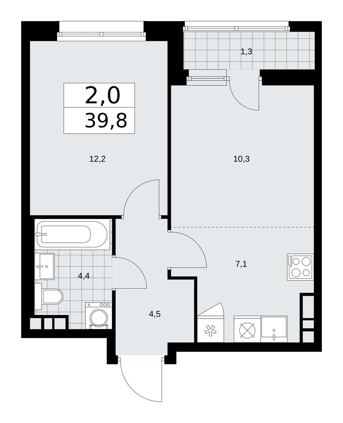 2-комнатная квартира (евро) с частичной отделкой, 39.8 м2, 6 этаж, сдача 2 квартал 2026 г., ЖК Дзен-кварталы, корпус 3.6 - объявление 2242641 - фото №1