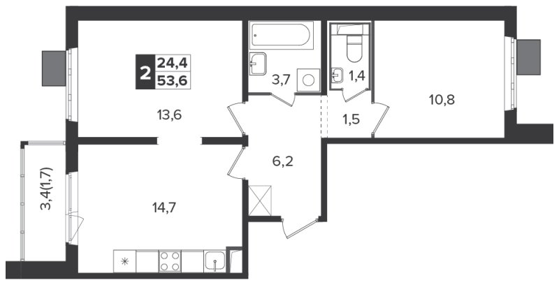 2-комнатная квартира с частичной отделкой, 53.5 м2, 23 этаж, дом сдан, ЖК Южная Битца, корпус 6 - объявление 1755642 - фото №1