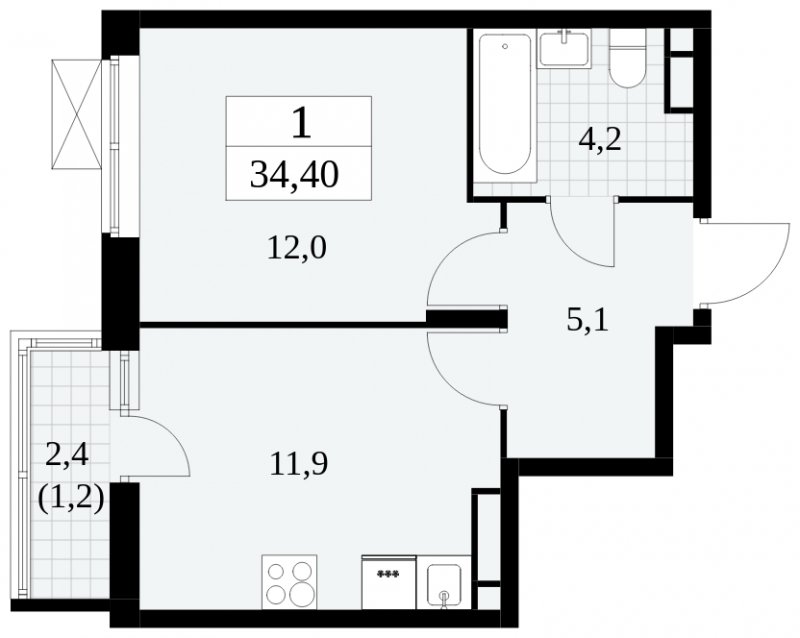 1-комнатная квартира без отделки, 34.4 м2, 9 этаж, сдача 2 квартал 2024 г., ЖК Прокшино, корпус 6.2 - объявление 2001016 - фото №1
