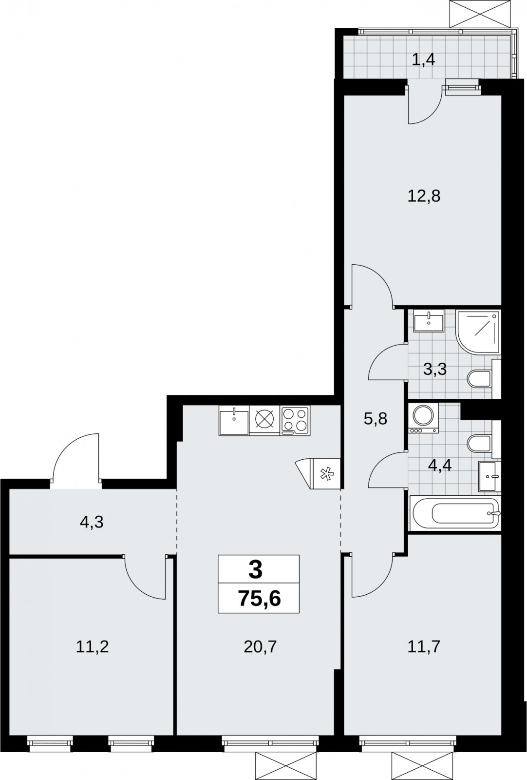 3-комнатная квартира без отделки, 75.6 м2, 9 этаж, сдача 2 квартал 2026 г., ЖК Бунинские кварталы, корпус 9.1 - объявление 2323515 - фото №1