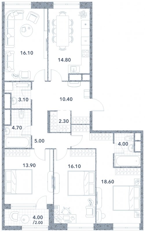 4-комнатная квартира без отделки, 111 м2, 14 этаж, сдача 3 квартал 2023 г., ЖК Серебряный фонтан, корпус 3 - объявление 1698101 - фото №1