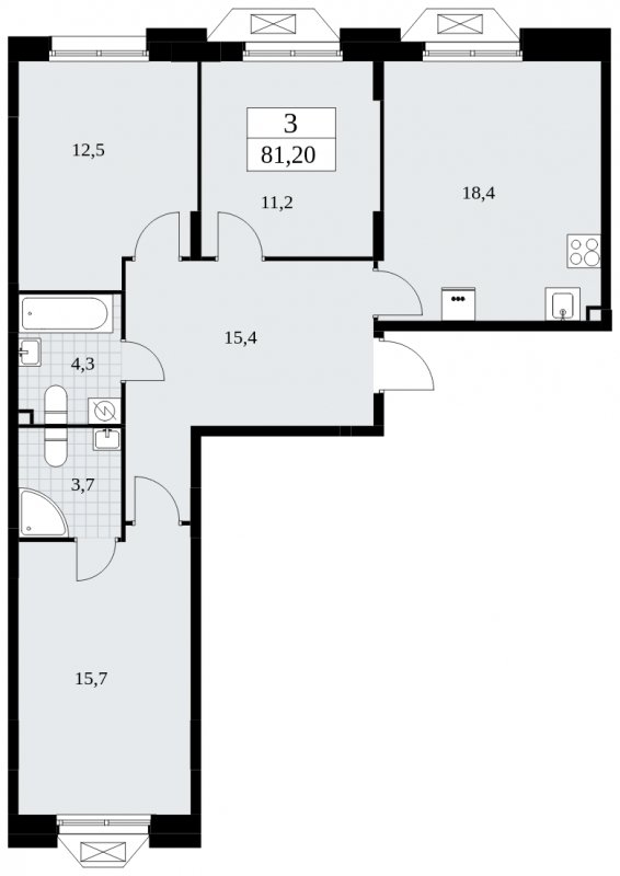 3-комнатная квартира без отделки, 81.2 м2, 2 этаж, сдача 4 квартал 2024 г., ЖК Бунинские кварталы, корпус 1.3 - объявление 1834708 - фото №1