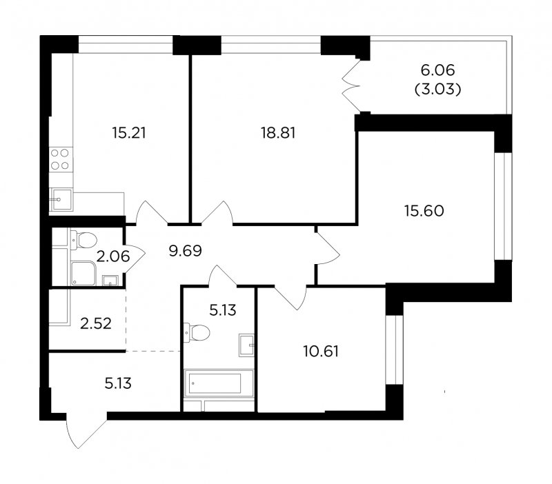 3-комнатная квартира без отделки, 87.79 м2, 27 этаж, дом сдан, ЖК RiverSky, корпус 3 - объявление 1747969 - фото №1