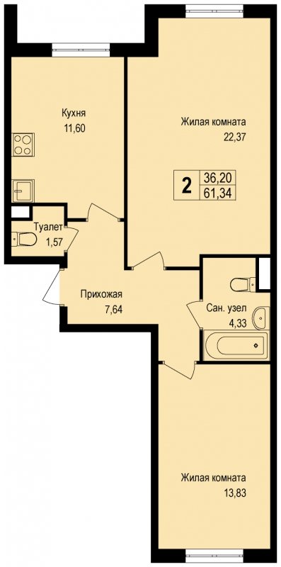 2-комнатная квартира без отделки, 61.34 м2, 1 этаж, сдача 3 квартал 2022 г., ЖК Новая Щербинка, корпус 12 - объявление 1602041 - фото №1