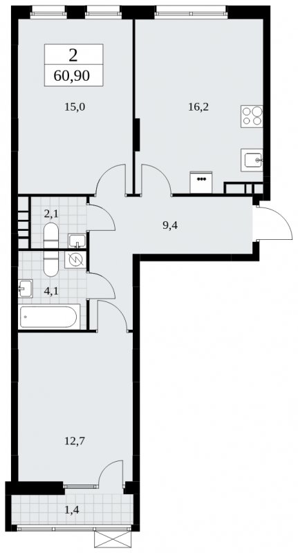 2-комнатная квартира без отделки, 60.9 м2, 5 этаж, сдача 1 квартал 2025 г., ЖК Дзен-кварталы, корпус 1.4 - объявление 1896105 - фото №1