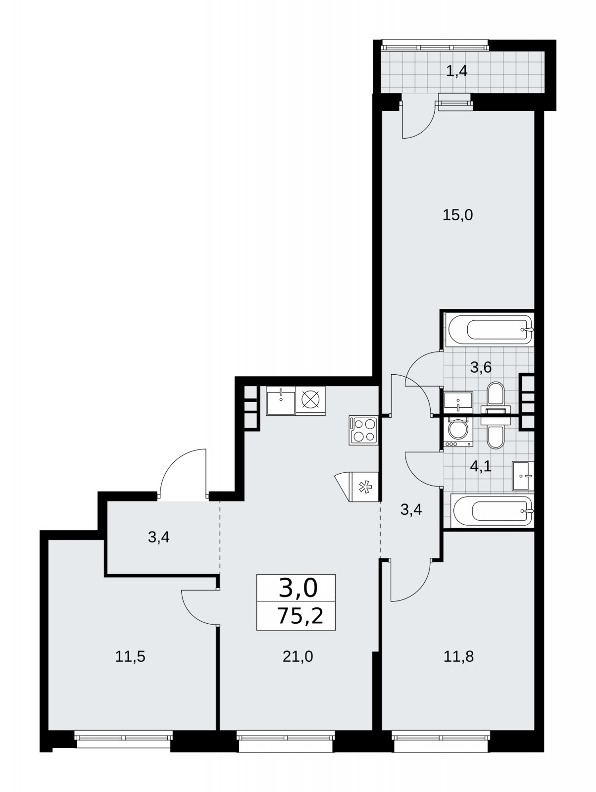 3-комнатная квартира с частичной отделкой, 75.2 м2, 4 этаж, сдача 2 квартал 2026 г., ЖК Дзен-кварталы, корпус 3.4 - объявление 2241829 - фото №1