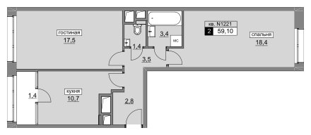 2-комнатная квартира без отделки, 59.1 м2, 3 этаж, сдача 4 квартал 2022 г., ЖК Румянцево-Парк, корпус 3 - объявление 1187361 - фото №1