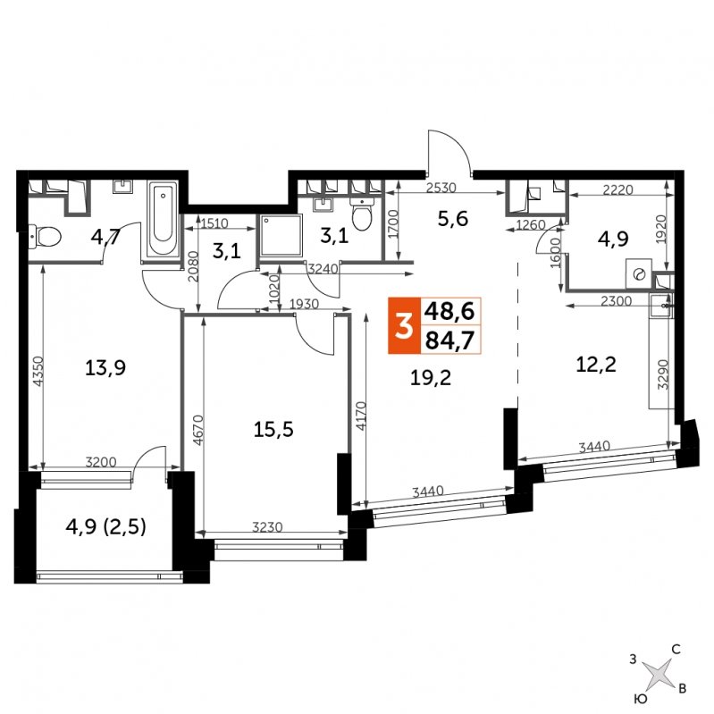 3-комнатная квартира с частичной отделкой, 84.6 м2, 19 этаж, сдача 4 квартал 2024 г., ЖК ROTTERDAM, корпус 2.1 - объявление 1652415 - фото №1