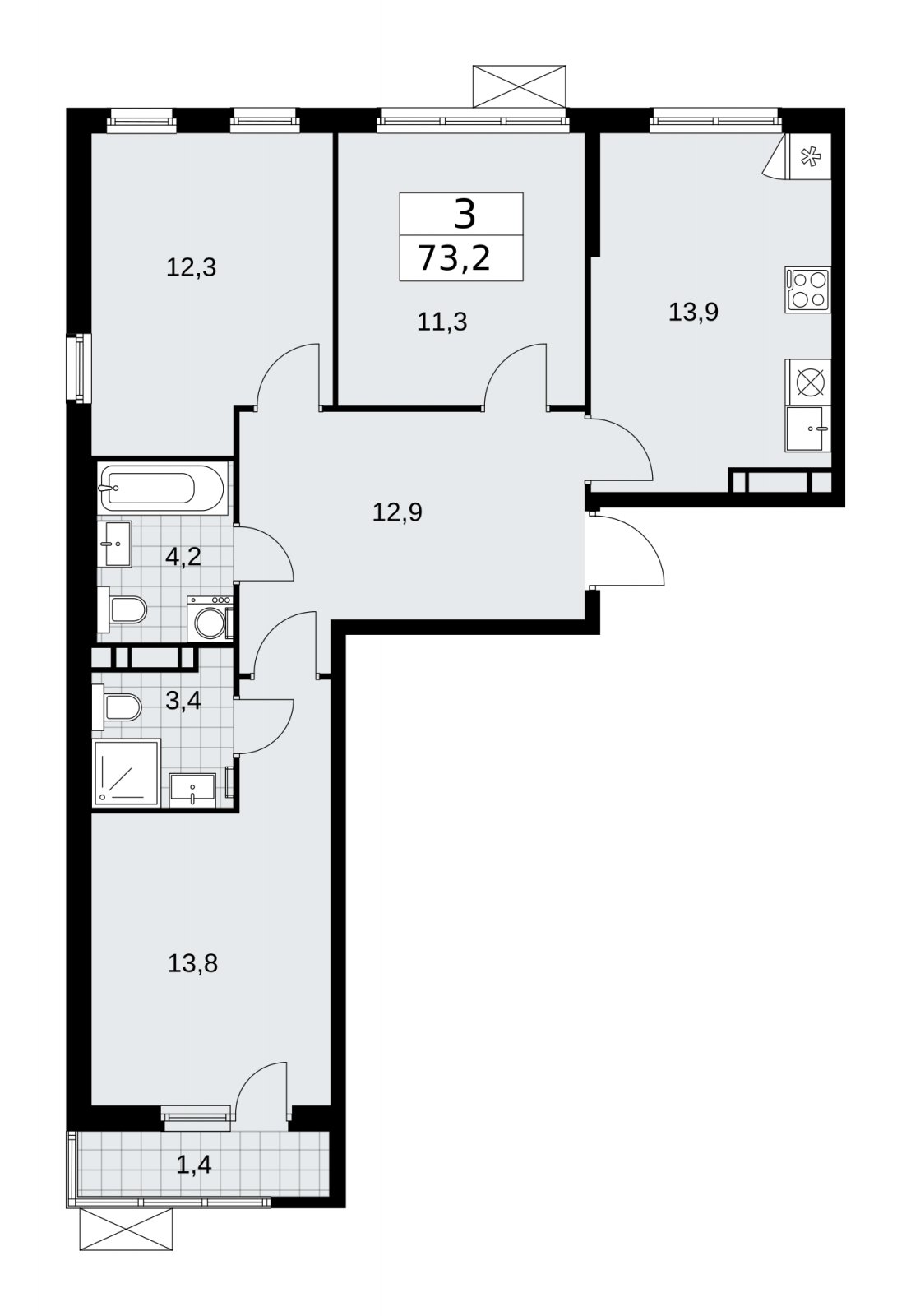 3-комнатная квартира без отделки, 73.2 м2, 10 этаж, сдача 4 квартал 2025 г., ЖК Прокшино, корпус 11.1.4 - объявление 2257496 - фото №1