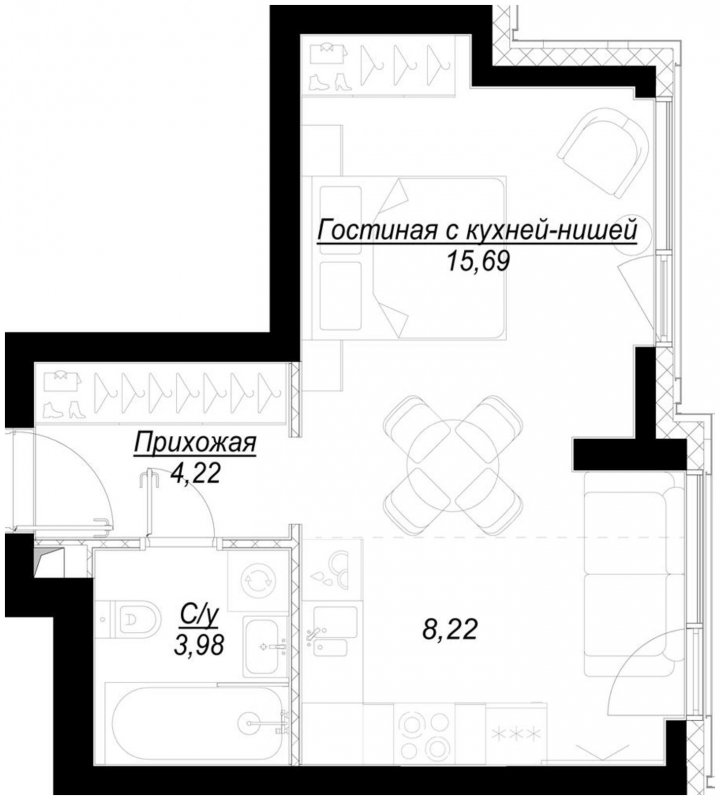 1-комнатная квартира с частичной отделкой, 32.1 м2, 6 этаж, сдача 1 квартал 2023 г., ЖК Hide, корпус RiverSide - объявление 1707029 - фото №1
