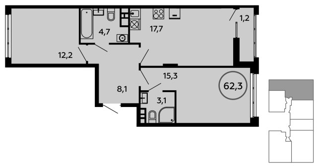 2-комнатная квартира без отделки, 62.3 м2, 5 этаж, сдача 1 квартал 2023 г., ЖК Скандинавия, корпус 2.14.1 - объявление 1854930 - фото №1