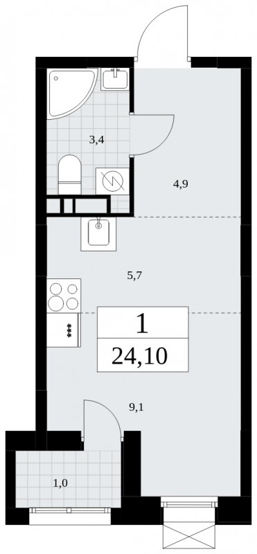 Студия с частичной отделкой, 24.1 м2, 5 этаж, сдача 4 квартал 2024 г., ЖК Бунинские кварталы, корпус 1.1 - объявление 1901206 - фото №1