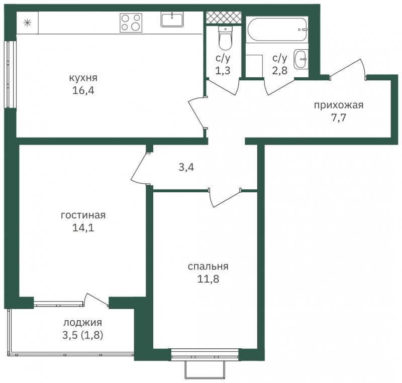 2-комнатная квартира с частичной отделкой, 59.3 м2, 18 этаж, дом сдан, ЖК Зеленая Вертикаль, корпус 4 - объявление 1968886 - фото №1