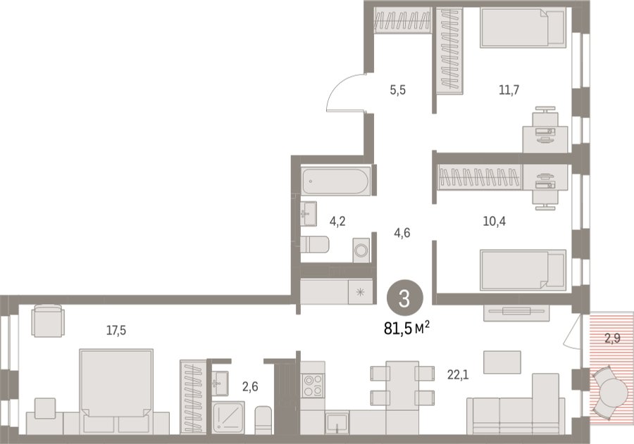 3-комнатная квартира с частичной отделкой, 81.49 м2, 5 этаж, сдача 1 квартал 2025 г., ЖК Первый квартал, корпус Дом 5 - объявление 2281439 - фото №1
