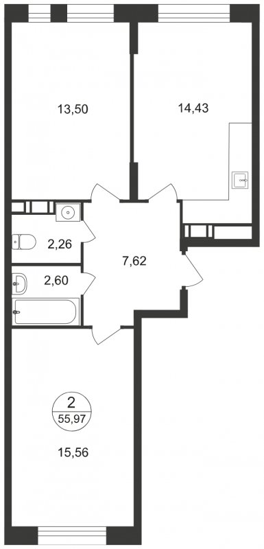 2-комнатная квартира с полной отделкой, 55.97 м2, 3 этаж, сдача 1 квартал 2023 г., ЖК Люберцы, корпус 63 - объявление 1658656 - фото №1