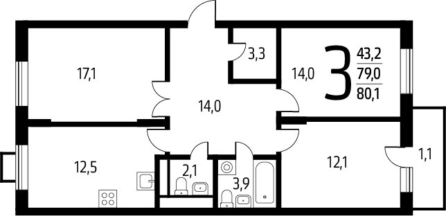 3-комнатная квартира с полной отделкой, 80.1 м2, 2 этаж, сдача 1 квартал 2025 г., ЖК Новые Ватутинки. Заречный, корпус 5/2 - объявление 2272177 - фото №1