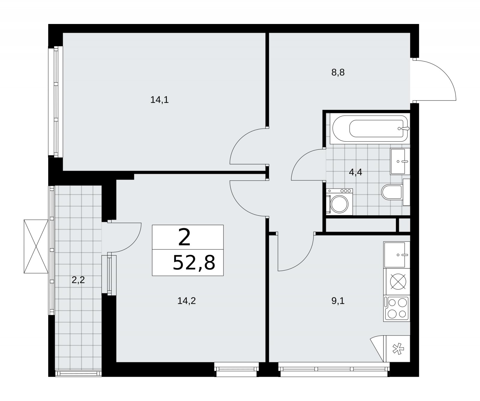 2-комнатная квартира без отделки, 52.8 м2, 14 этаж, сдача 1 квартал 2026 г., ЖК Прокшино, корпус 11.2.2 - объявление 2270155 - фото №1
