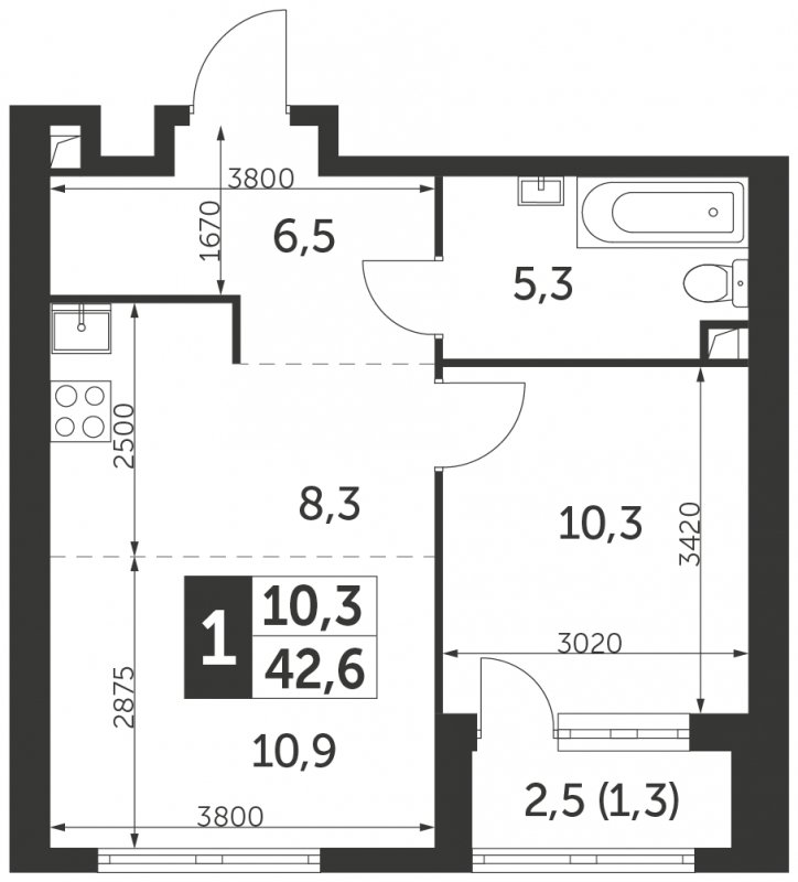 1-комнатная квартира с частичной отделкой, 42.6 м2, 13 этаж, сдача 4 квартал 2023 г., ЖК Архитектор, корпус 1 - объявление 1671743 - фото №1