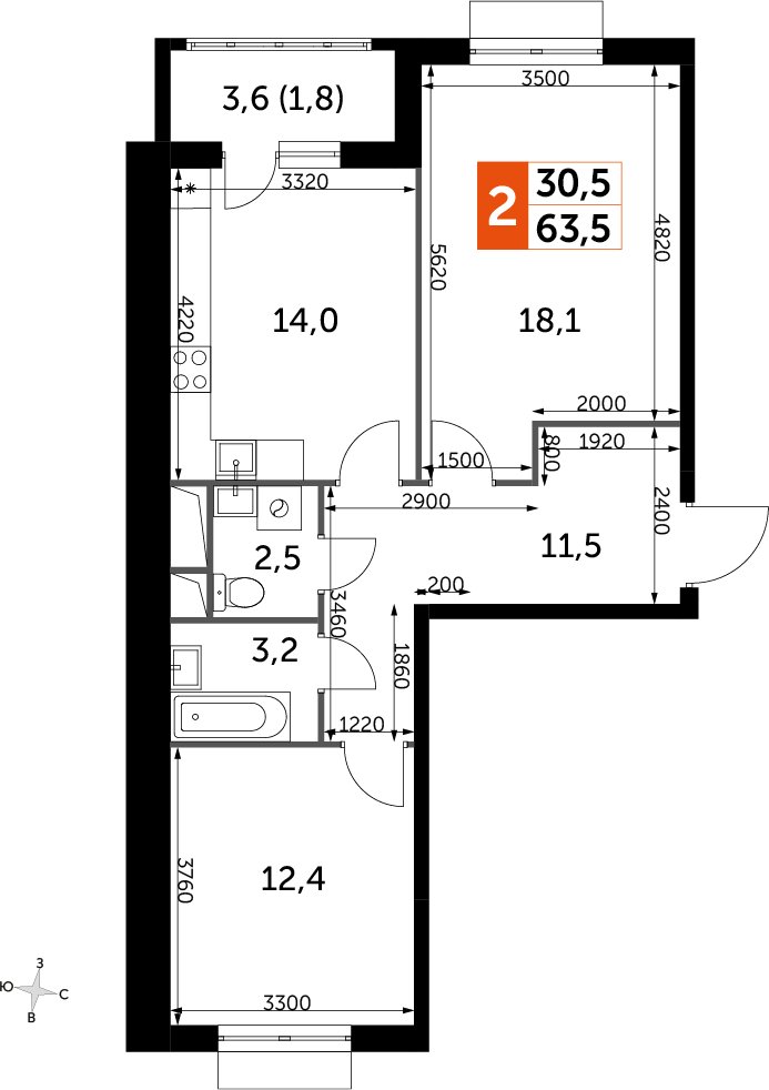 2-комнатная квартира без отделки, 63.5 м2, 4 этаж, дом сдан, ЖК UP-квартал Римский, корпус 7 - объявление 2359899 - фото №1