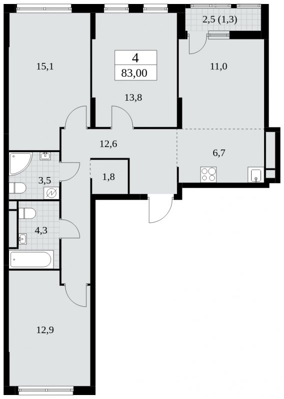 4-комнатная квартира (евро) с частичной отделкой, 83 м2, 13 этаж, сдача 2 квартал 2025 г., ЖК Южные сады, корпус 2.1 - объявление 1759914 - фото №1