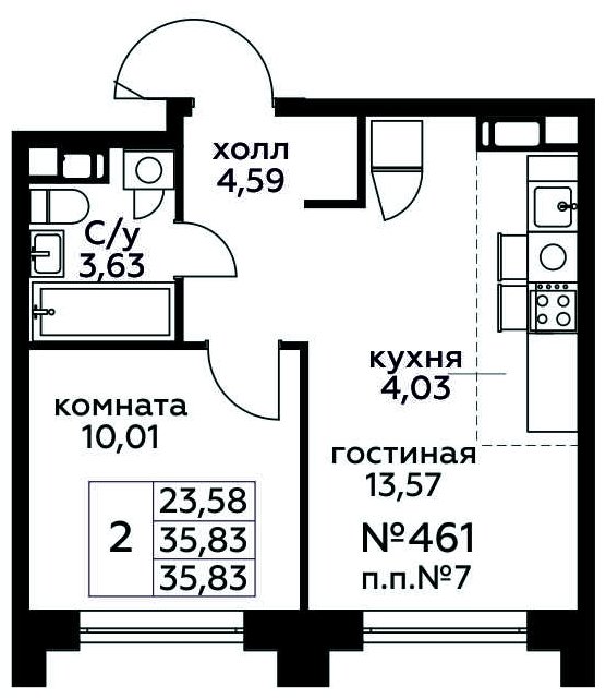 2-комнатная квартира (евро) с полной отделкой, 35.83 м2, 7 этаж, сдача 3 квартал 2024 г., ЖК МелисСад, корпус 1 - объявление 1821604 - фото №1