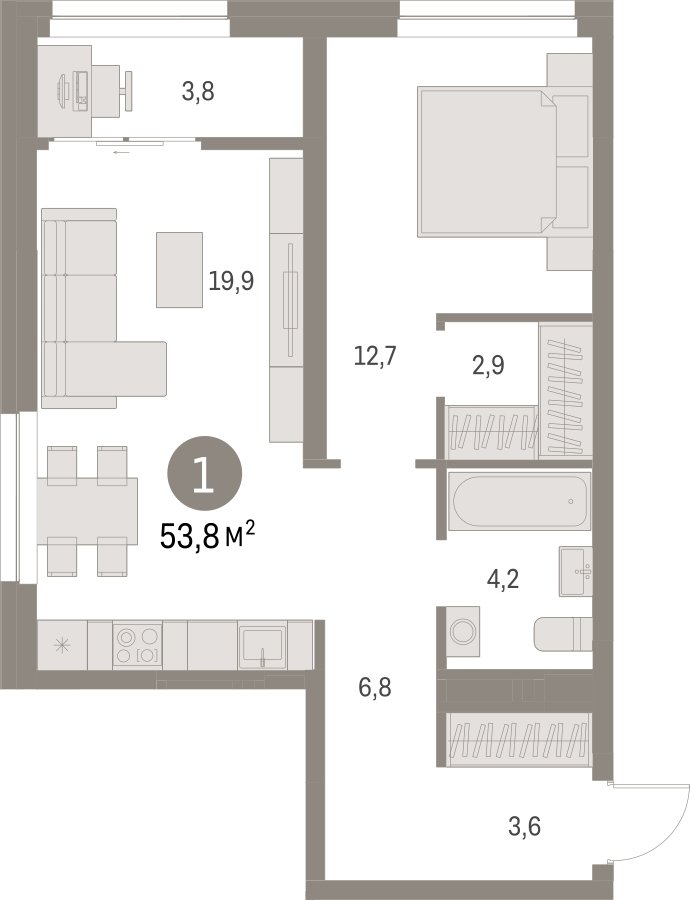 1-комнатная квартира с частичной отделкой, 53.84 м2, 8 этаж, сдача 1 квартал 2025 г., ЖК Первый квартал, корпус Дом 5 - объявление 2281452 - фото №1