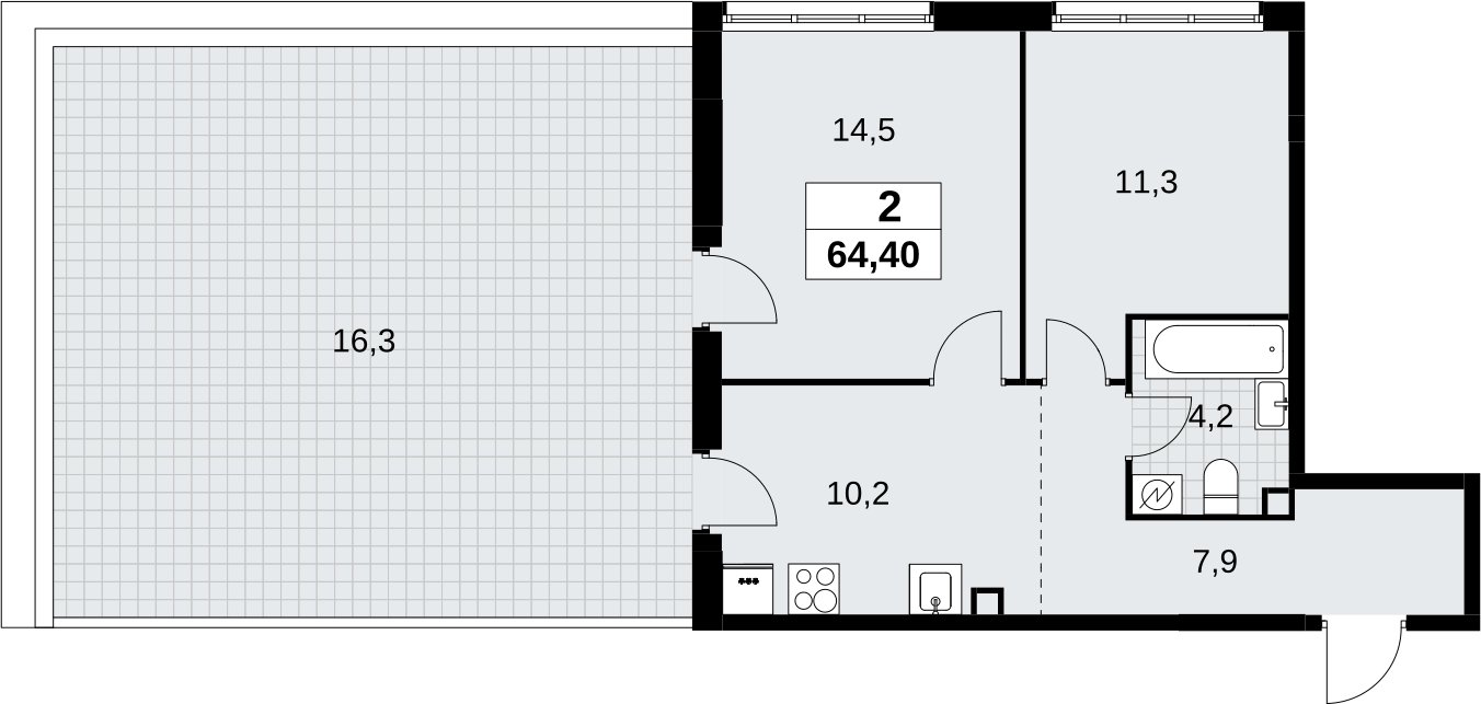 2-комнатная квартира без отделки, 64.4 м2, 2 этаж, сдача 3 квартал 2026 г., ЖК Родные кварталы, корпус 3.1 - объявление 2433866 - фото №1