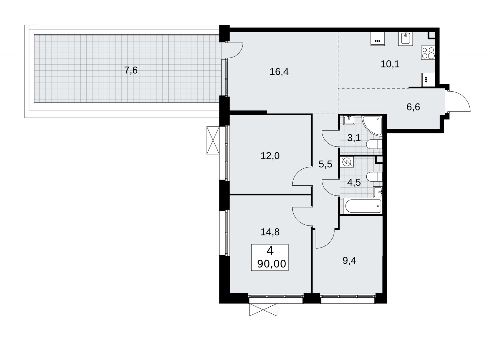 4-комнатная квартира (евро) с частичной отделкой, 90 м2, 2 этаж, сдача 4 квартал 2025 г., ЖК Бунинские кварталы, корпус 3.5 - объявление 2152111 - фото №1