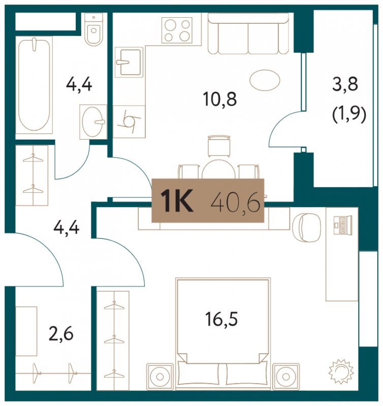 1-комнатная квартира без отделки, 40.6 м2, 15 этаж, сдача 4 квартал 2022 г., ЖК Настоящее, корпус 2 - объявление 1445467 - фото №1